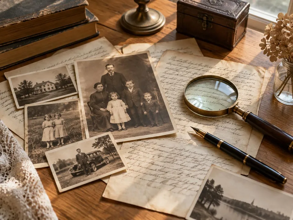 Alte Familienfotos, handgeschriebene Briefe, ein Füller und eine Lupe auf einem Holztisch