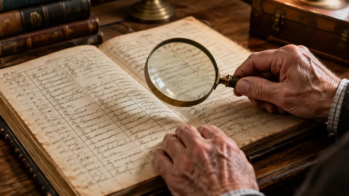 Hände mit Lupe über einem aufgeschlagenen alten Kirchenbuch mit Handschrift