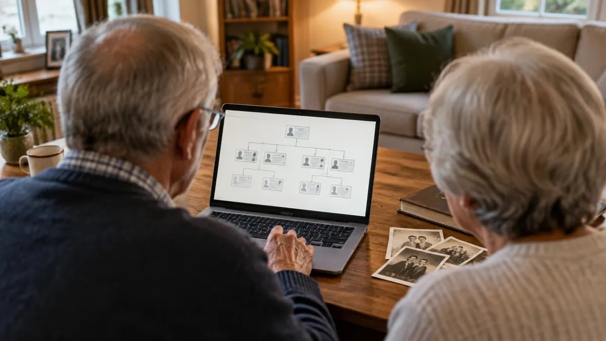 Älteres Paar sieht sich am Laptop einen Stammbaum an